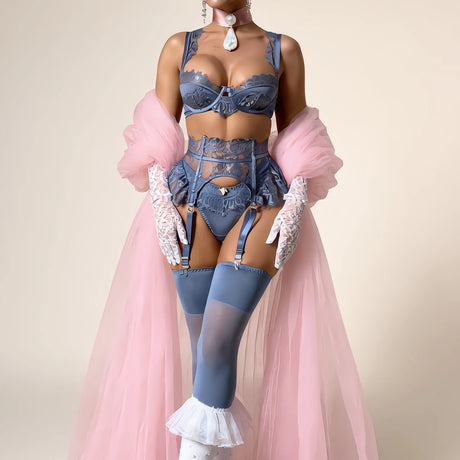 Diccvicc Coquette Slate Blue Lingerie Set 4 Piece Eyelash Lace Satin Bra Peplum Ruffle Garter with Rosebud Thong Women Nightwear