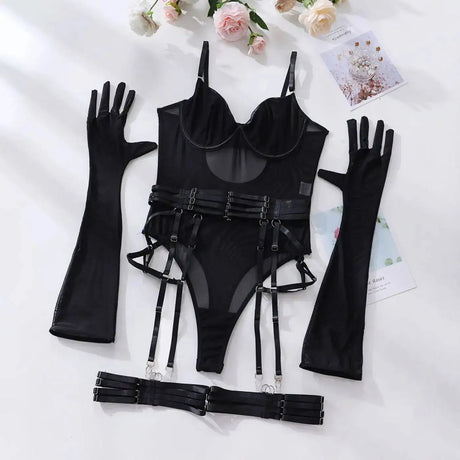 Sexy One Piece Bodysuit Glove Bandage Perspective Mesh Tight Fitting Slim Fit High Strecth Women Rompers Polychrome Fashion RAE3