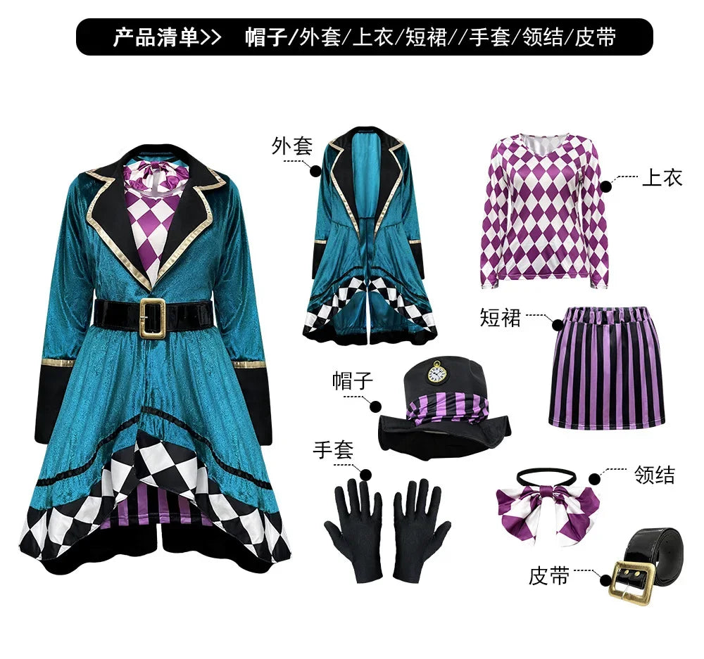 Magician Clown Cosplay Costume Alice Costume Circus Outfits Hatter Halloween Carnival Stage Performance Roleplay Clothes