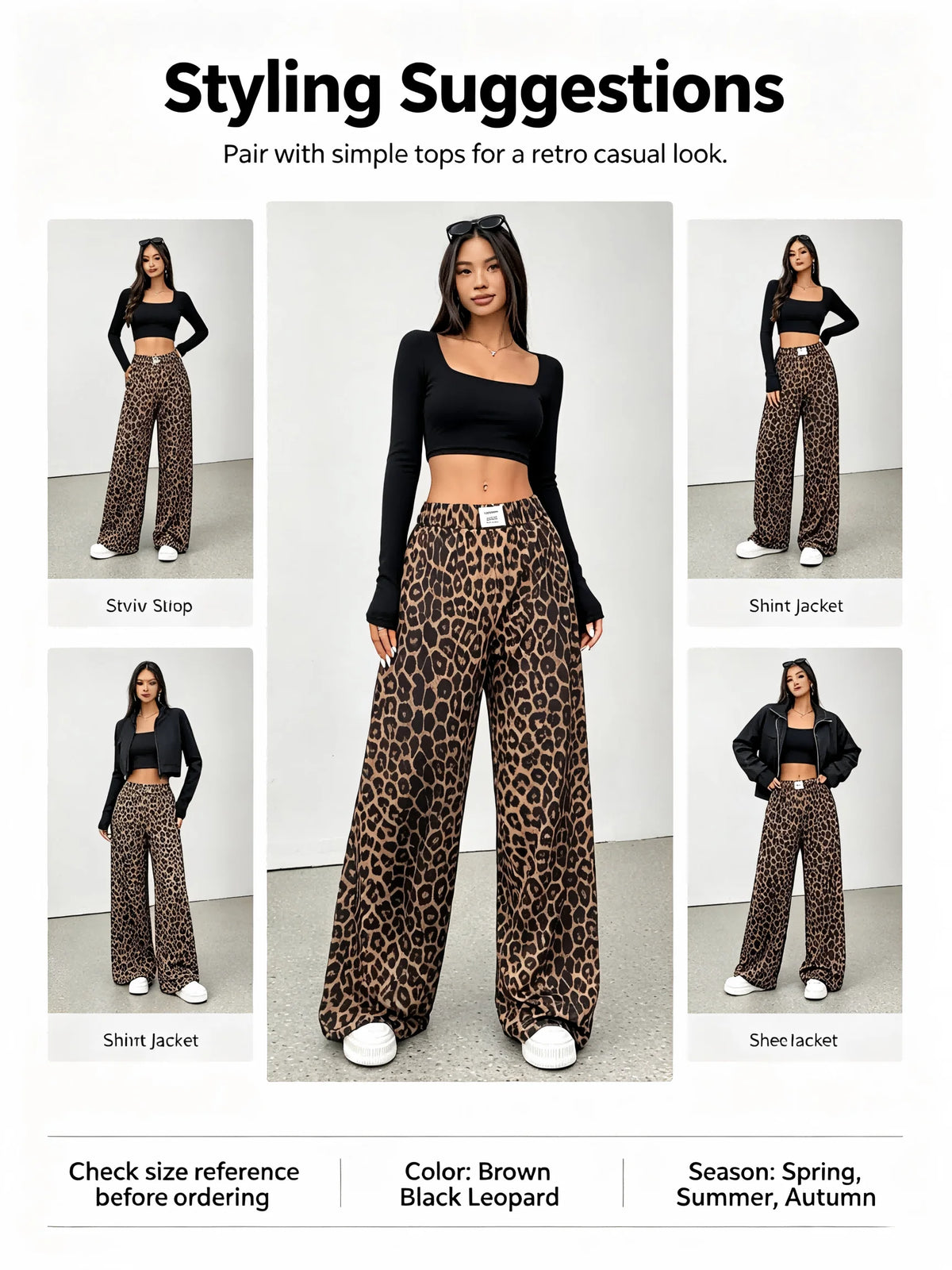 Women Leopard Print Wide Leg Pants Elastic High Waist Loose Casual Trousers Streetwear Y2K Fashion Long Palazzo Pants