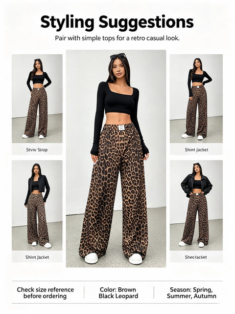Women Leopard Print Wide Leg Pants Elastic High Waist Loose Casual Trousers Streetwear Y2K Fashion Long Palazzo Pants