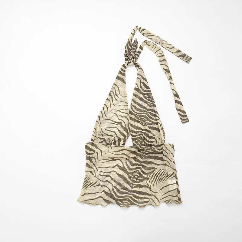 Halter V Neck Striped Print Tank Top Women Backless Sleeveless Bare Midriff Halter Crop Tops Female Tube Top Cropped Vest