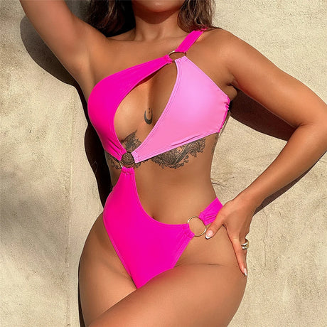 Sexy Pink Asymmetric Splicing One Shoulder Women Swimwear One Piece Swimsuit Female Monokini Cut Out Bathing Suit Bather V4674