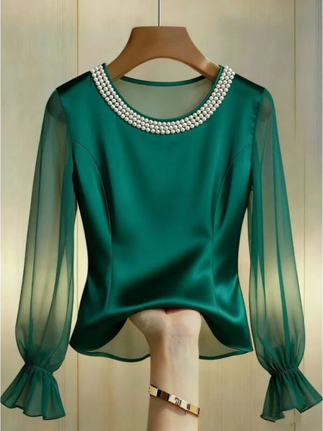 Pearl Beaded Round Neck Long Sleeve Blouse Satin Sheer Top For Women Elegant