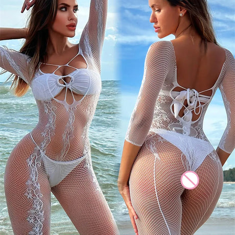 New Fishnet Bodysuits One-piece White Jumpsuit Erotic Exotic Mesh Full Body Stockings Clothing Hot Midnight Party Club Wear