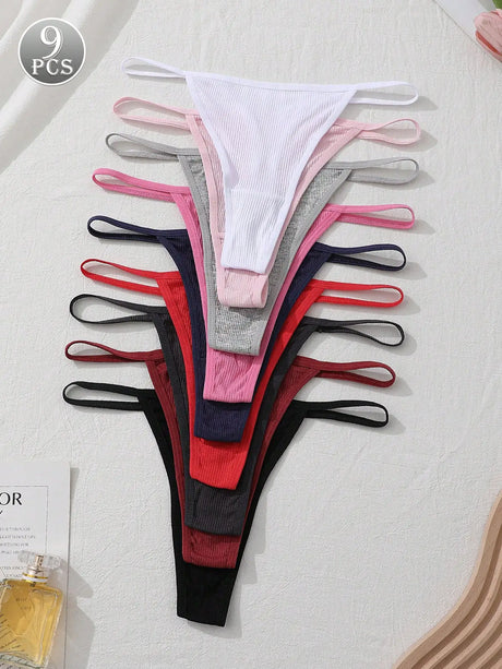 9Pcs Sexy Thong Panties Ribbed Low Waist Seamless Thongs Soft Briefs Breathable Comfortable G-String Underwear Simple Style