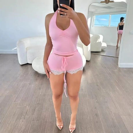 Women Pink Halter Pajama Set Ruched Front Sleeveless Crop Top Lace Trim Drawstring Shorts 2 Piece Lingerie Sleepwear Plus Size S