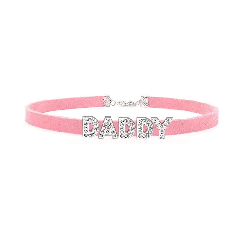 Sexy Rhinestone Letters Hotwife Collar Choker for Women Men DIY Customized Necklaces Pink Suede Leather Cosplay Jewelry Gift