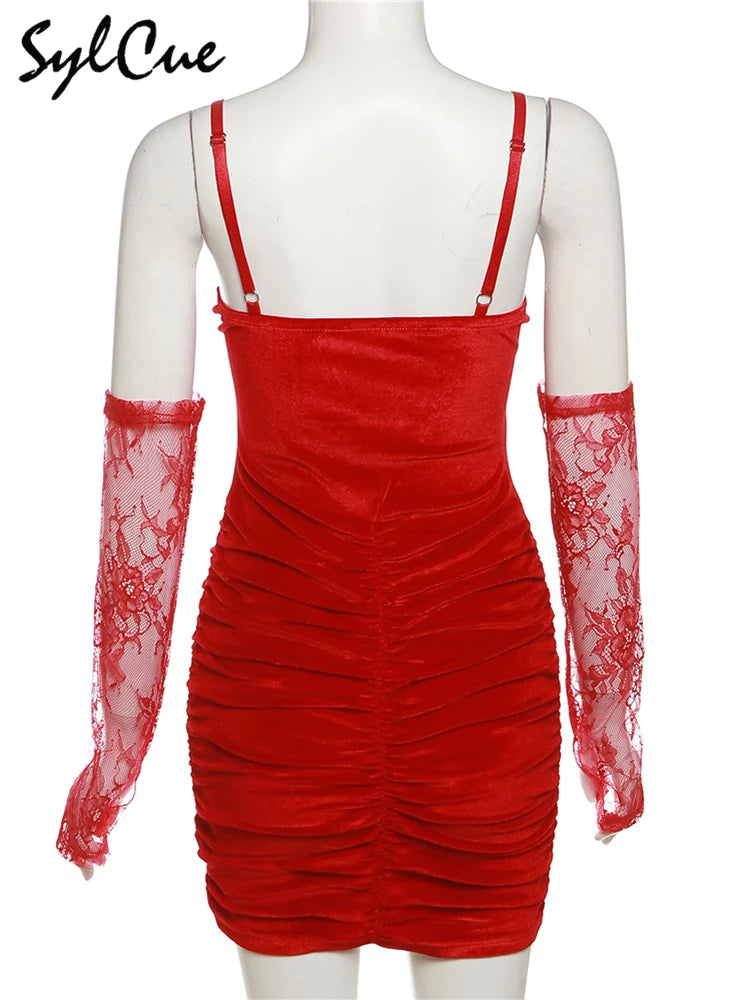 Sylcue Winter Bachelor Party Solid Color Velvet Tight Sexy Hot Mature Charm Women'S Fishbone Sling Dress With Lace Sleeve