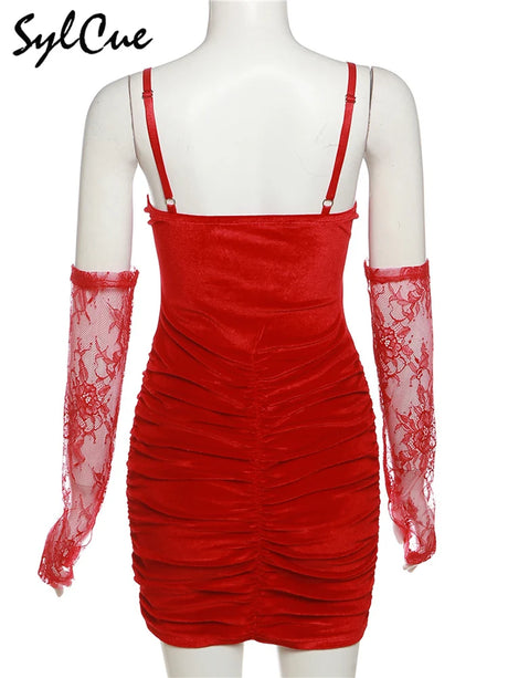 Sylcue Winter Bachelor Party Solid Color Velvet Tight Sexy Hot Mature Charm Women'S Fishbone Sling Dress With Lace Sleeve
