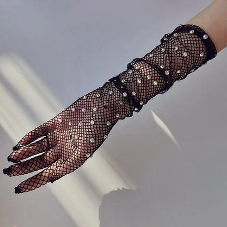 Sexy Elastic Mesh Gloves With Colored Flash Diamonds Bungee Stage Performance Hollow Fishing Net Punk Hiphop Women's Gloves R51