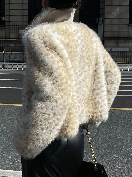 LIMO Women Lapel Leopard Print Faux Fur Jacket Cropped Fluffy Plush Open Front Outerwear