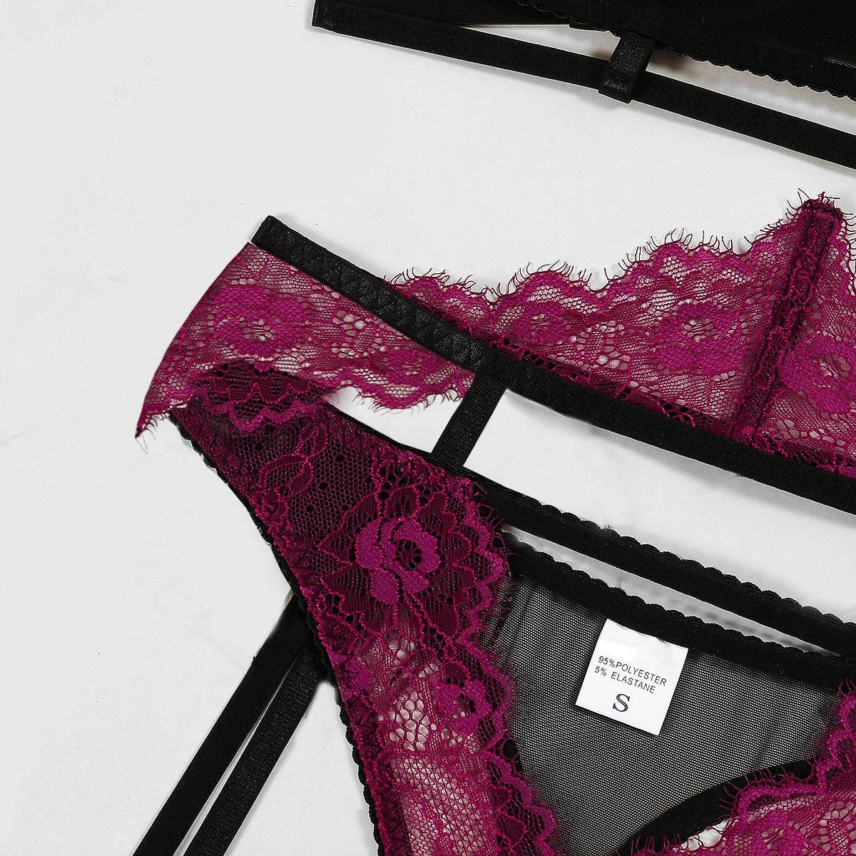 Eyelash Lace 3Pcs Lingerie Set Women Underwire Push Up Sheer Mesh Bra Hollow Strap Garter Belt Thigh Rings Valentine Honeymoon