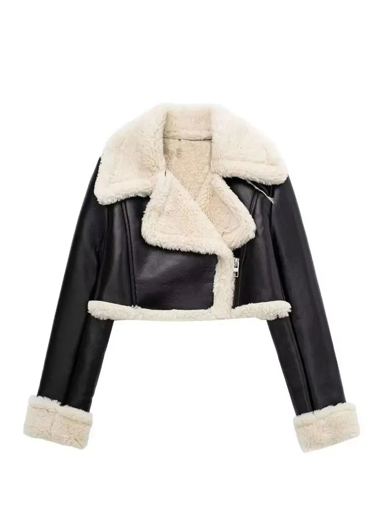 HH Women Faux Leather Thicken Short Jacket Vintage Front Zipper Lapel Long Sleeve Coat Winter Women Warm Casual Outerwear
