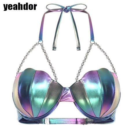 Women Shiny Bikini Bra Top Halter Neck Sheel Mermaid Swimwear Bead Chains Padded Bra Swim Tops Hawaii Beach Party Bathing Suit