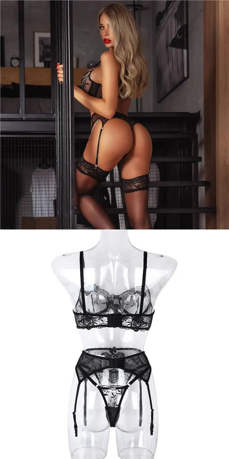 Toucheart 3 Piece Set Sexy Lace Embroidery Bra Set For Women Mesh Patchwork Perspective Sexy Garters Steel Rings Underwear Set