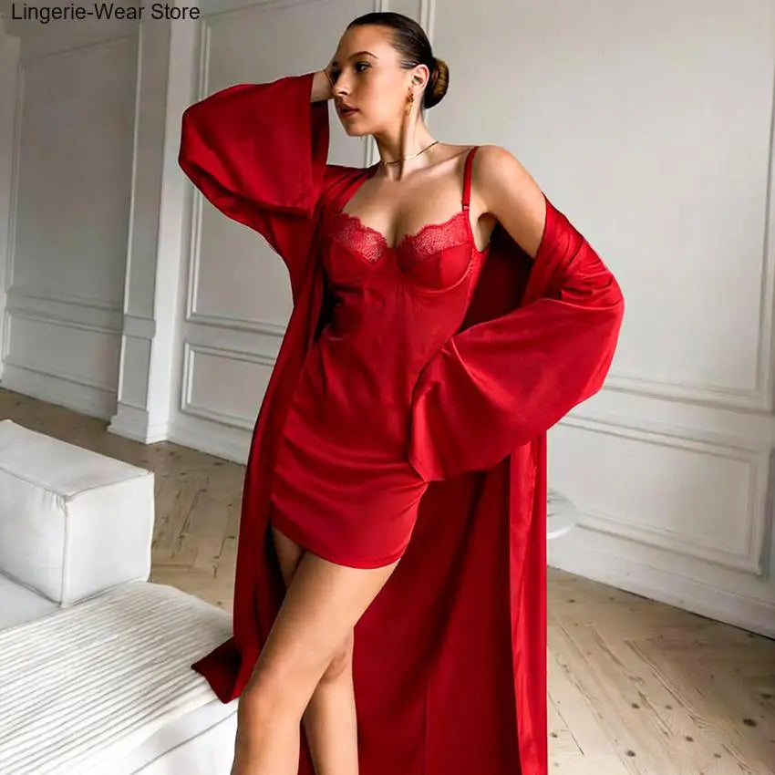 Simulated Silk Lace Splicing Pajamas 2026 Spring New Sexy Nightgown Lace-Up Robe Two-Piece Set Women's Home Wear