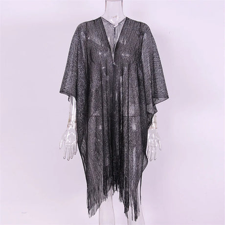 Swimsuit Cover-ups Fashion Tassel Gold Bikini Beach Cover Up Sexy Beach Dress Tunics for Women Summer Wear See Through