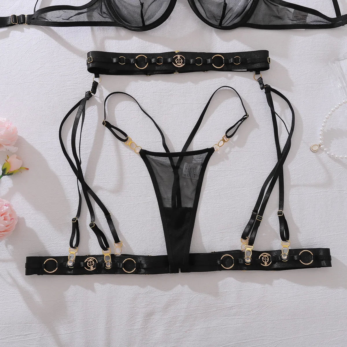 2026 Fashion Heavy Crafted Metal Decorative Lingerie Set with Buckle Women Mesh Transparent Bra Lady Sexy Body Shaping Underwear