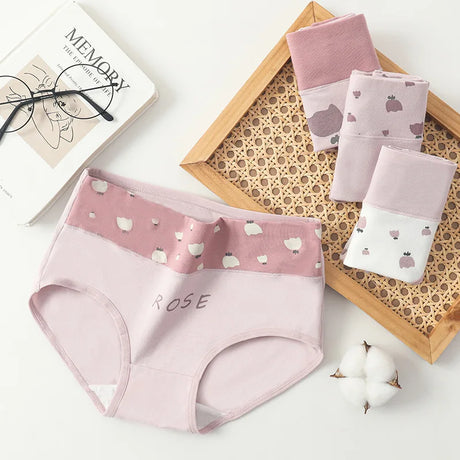 4Pcs Cotton Women Panties Breathable Underwear Fashion Print Ladies Briefs Slim Soft Underpants High-Rise Sexy Ladies Lingerie