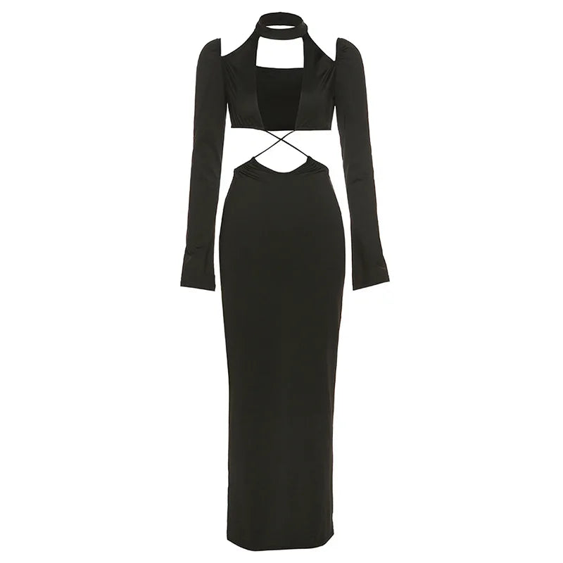 BoozRey Sexy Hipster Midi Dress Women Cleavage Hollow Backless Full Sleeve Solid Party Robe Female Slim High Street Attirewear