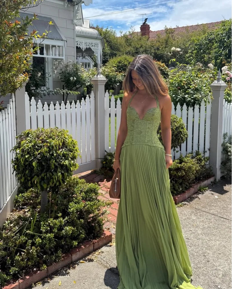 Elegant Women's Halter Long Dress Corset Pleated Dresses Evening Party Formal Wedding Guest Green Graduation Bridesmaid Gown New
