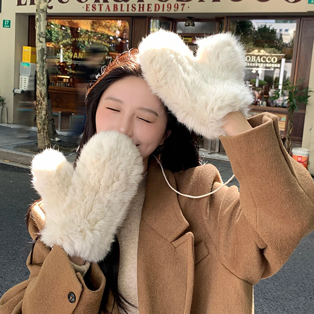 Hot Sale Women's 100% Natural Rabbit Fur Winter Gloves Warm Knit Thick Thermal Mittens Soft Real Fur Outdoor Cold Weather Glove