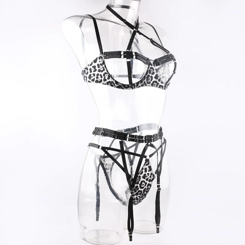 Sexy Lingerie Set for Women Hollow Out Open‑cup Underwire Bra Garter Belt Multi‑piece Bondage Lingerie Kit