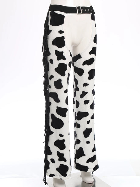 Womens Cow Spot Pattern Flannel Long Pants Adjustable Waist Open Crotch Biking Riding Cowgirl Chaps Halloween Cospaly Costume