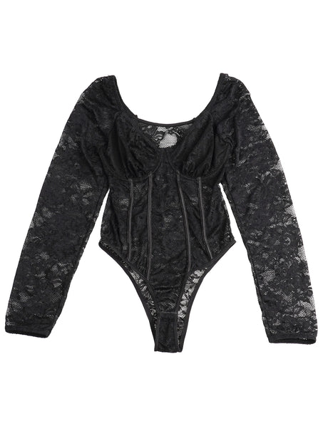 Women Sexy Lace Long Sleeve Bodysuit Underwire Square V Neck Open Crotch Clubwear Top Plus Size Snap Closure Teddy Lingerie