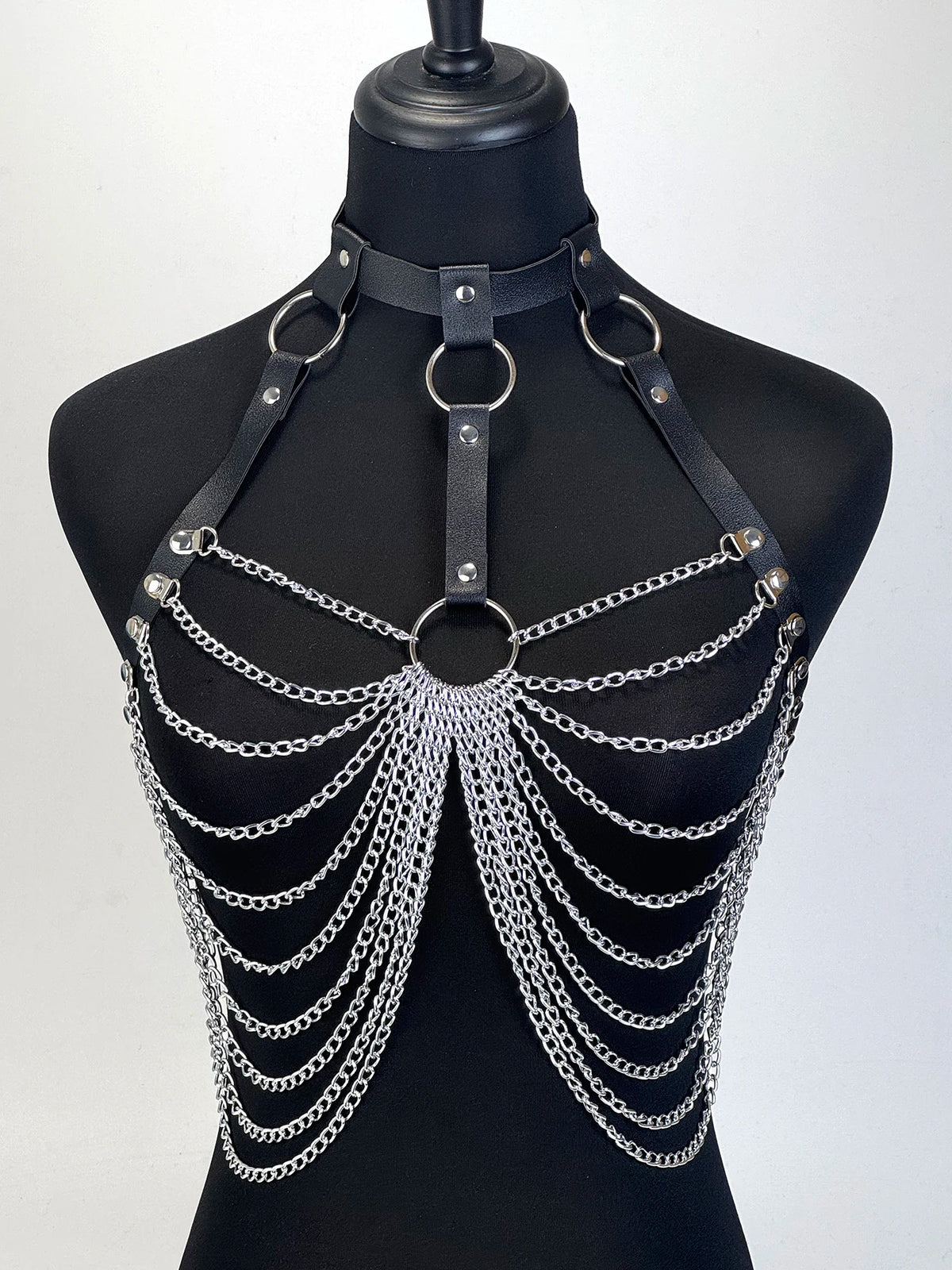Women Gothic PU Leather Chest Harness Belt with Chain Bra Strap Adjustable Punk Y2K Body Harness Festival Layering Accessory