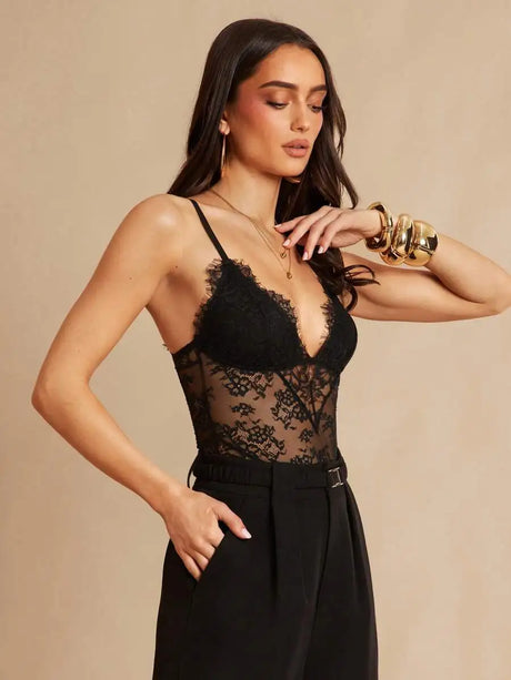 Silquee Women's Black Floral Lace-Trimmed See-Through Bodysuit,Elegant Charming Versatile Club Bodysuit,Perfect For Summer