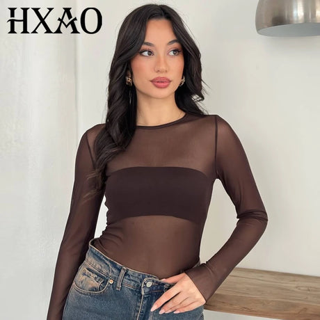 HXAO Brown Transparent Mesh Bodysuit Women 2026 Sexy Slimming Long Sleeve Lingerie Top Chic Tulle Bodycon Thong Fishnet Bodysuit