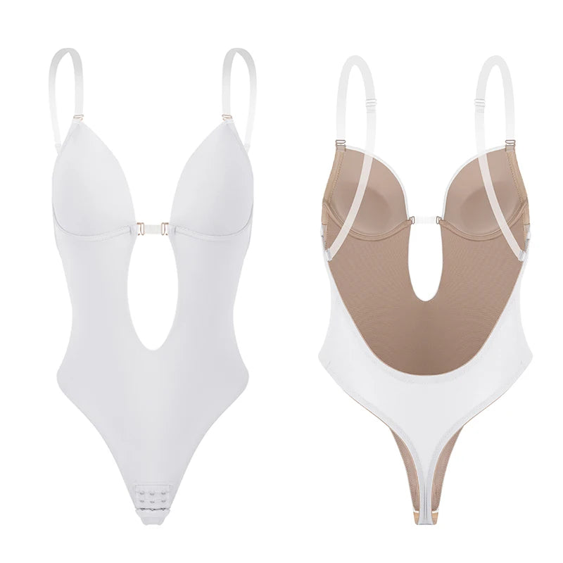 Backless Bodysuit Shapewear for Women Built-in Bra Multiple straps Thongs Body Shaper U Plunge Seam-free Faja with Open Crotch