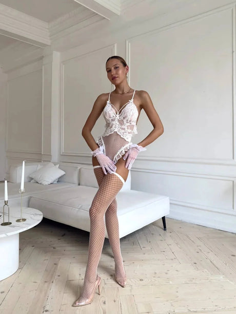 Toucheart Sexy Sling Bodysuit Open Crotch Women See-through Lace Seductive Skinny Plunge Hot Erotic Seductive Hollow Bodysuit