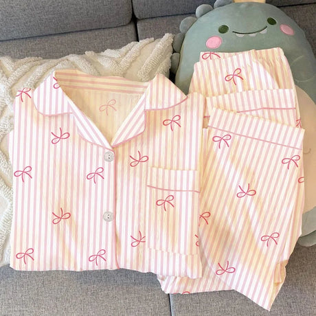 CHUANGERM New Sweet Girl Womens Students Casual Long‑Sleeved Wrinkled Cloth Pajamas Homewear Set For Spring And Fall