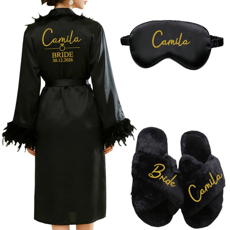 Personalized Name Date Wedding Feather Bride Robe Bridesmaid Bathrobe Nightwear Long Elegant Woman Gown Sexy Nightgown for Party