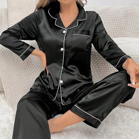 Women's Sleepwear Simple Satin Pajama Set Long Sleeve Buttons Lapel Top With Elastic Pants Loungewear Nightwear 2 Piece Nighty