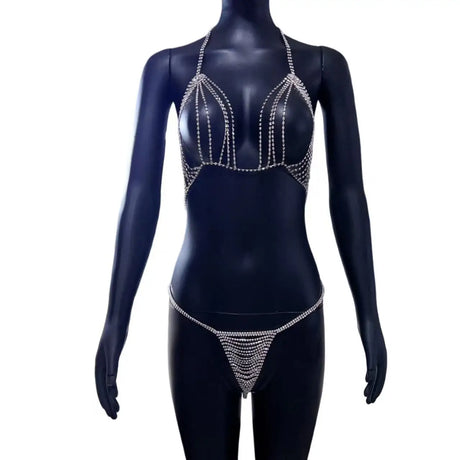 A set of women's sexy shiny rhinestone bra chain waist chain fashionable party crystal bikini set