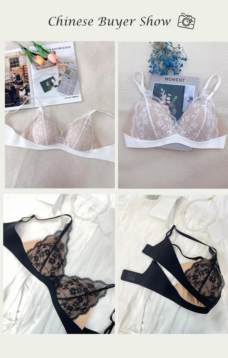 SUJIIN Sexy Wireless Lace Bras for Women Summer Push Up Plunge Deep V Small Chest Bra Lady French Breathable Lingeries MX326