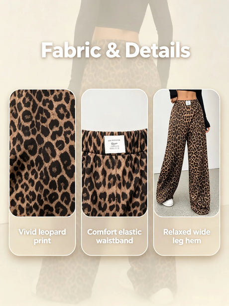 Women Leopard Print Wide Leg Pants Elastic High Waist Loose Casual Trousers Streetwear Y2K Fashion Long Palazzo Pants