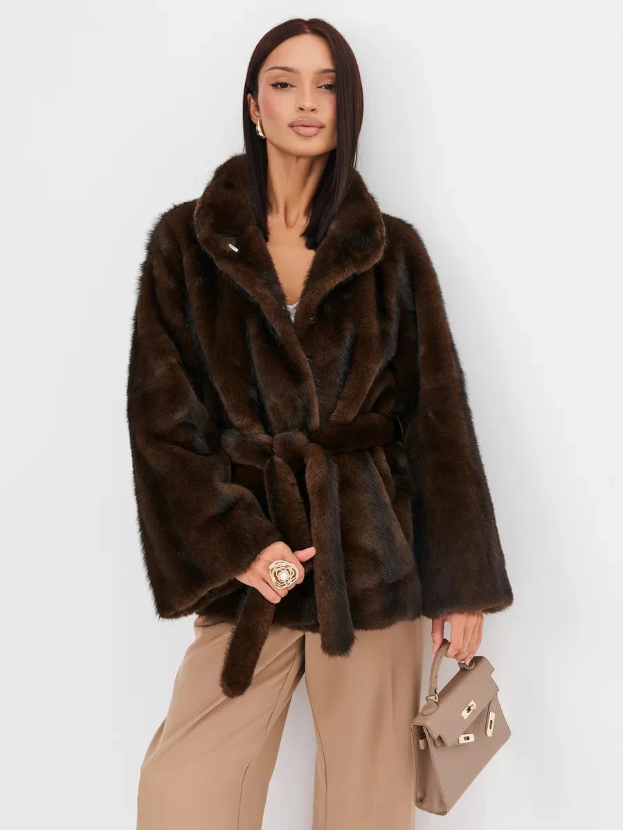 2026 Autumn Winter Women Faux Mink Fur Coat Lapel Collar Belted Long Jacket Luxury Fluffy Outerwear Brown