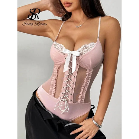 Nolia Hot Girl Spliced Sexy Playsuits Fashion Strap Lace Up Backless Sheer Rompers Ruffles Hotsweet Corset Bodysuits 5d4;