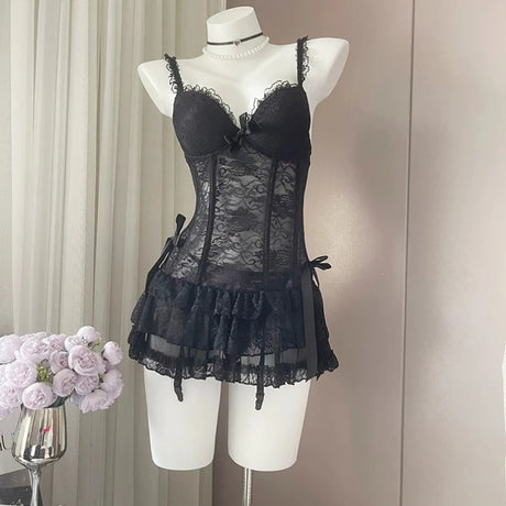 French Sexy Lace Nightdress Summer Women's Corset Gather Suspenders Pajamas with Chest Pads See Through Mesh Lace Loungewear