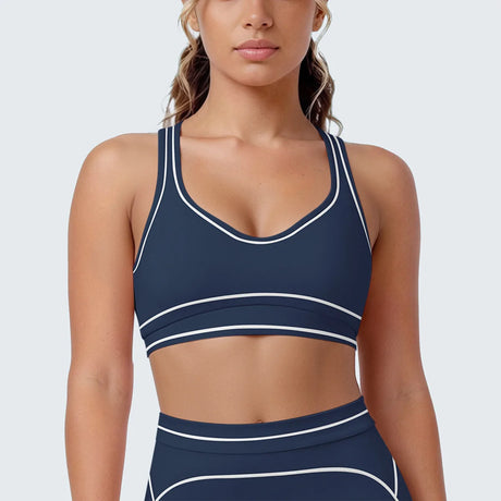Women's Yoga Bra Vest Fitness Tank Running Workout Gym Top Push Up Padded Soft Slim Contrast Piping Racerback Sports Underwear