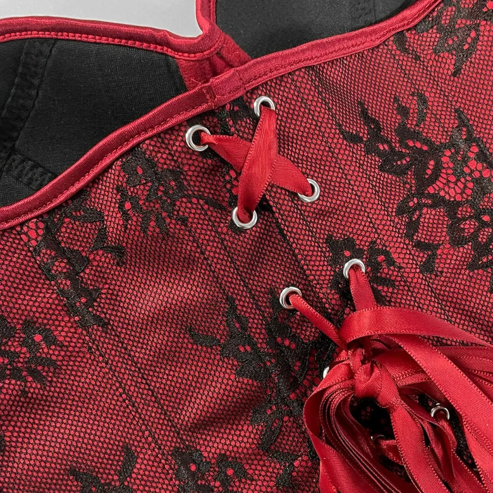 Women's Lace Corset Top Strapless Burgundy Black Molded Cup Back Lace-Up Waist Cincher Push-Up Bustier