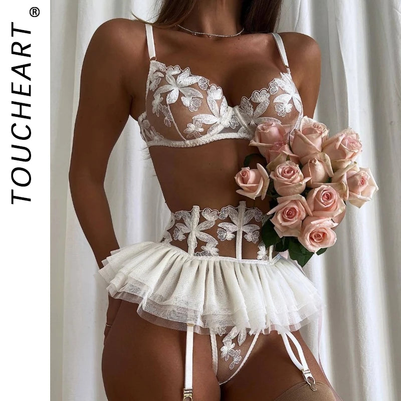 Toucheart 3 Piece Set Lingerie Garter Sets Lingerie For Woman Sexy Mini Skirt See-Through Embroidered Bra Erotic Underwear New