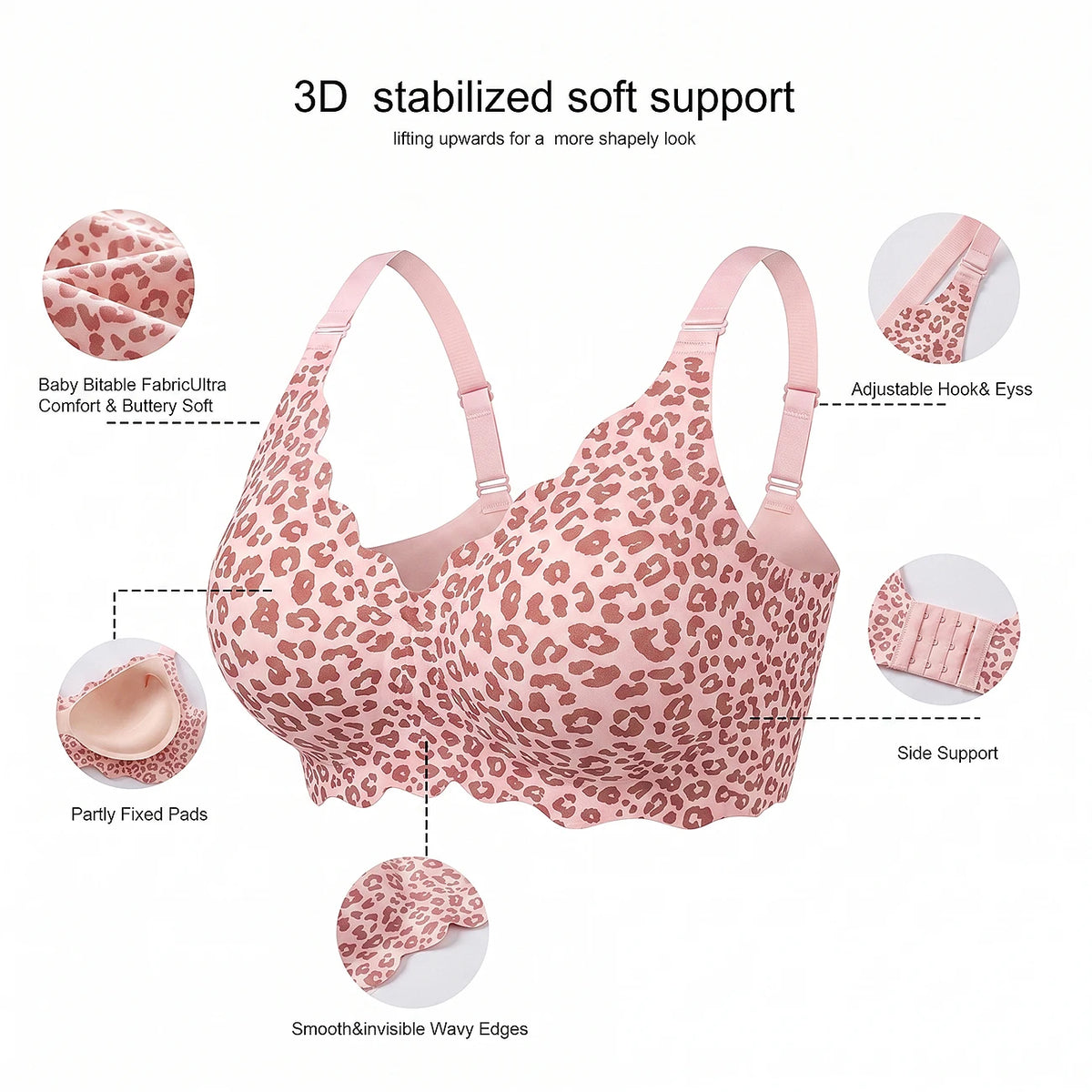 Bras for Women No Underwire Scalloped Wireless Push Up Bra Seamless Full Coverage Supportive Plus Size Tshirt Bra, Soft Breathable Comfortable Bralette, Leopard & Polka Dot Print Ice Silk Bra