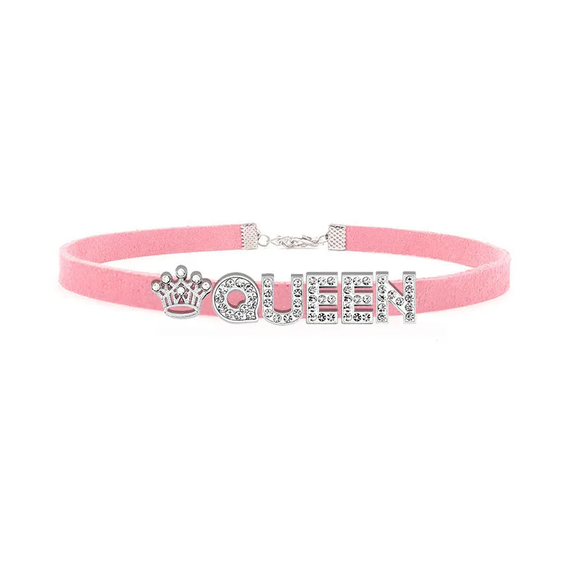 Sexy Rhinestone Letters Hotwife Collar Choker for Women Men DIY Customized Necklaces Pink Suede Leather Cosplay Jewelry Gift