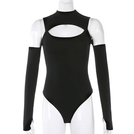 High Fashion Women’s Long-sleeved Bodysuit Solid Color Hollow Off-shoulder Half High Collar Jumpsuit